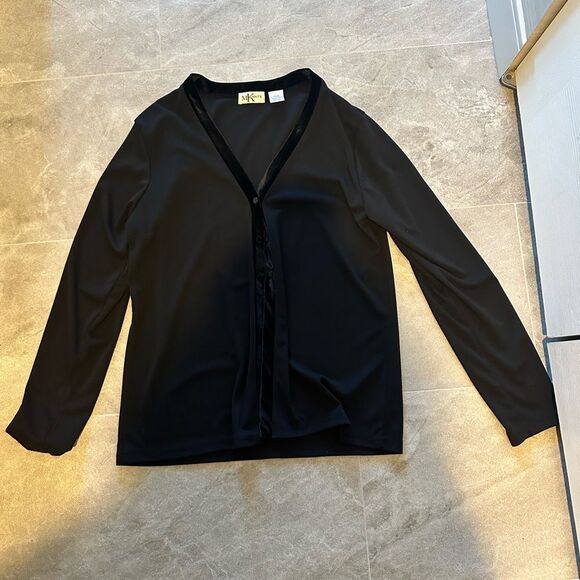 VINTAGE Black Button-Up Cardigan w/ Velvet Trim - Picture 1 of 4